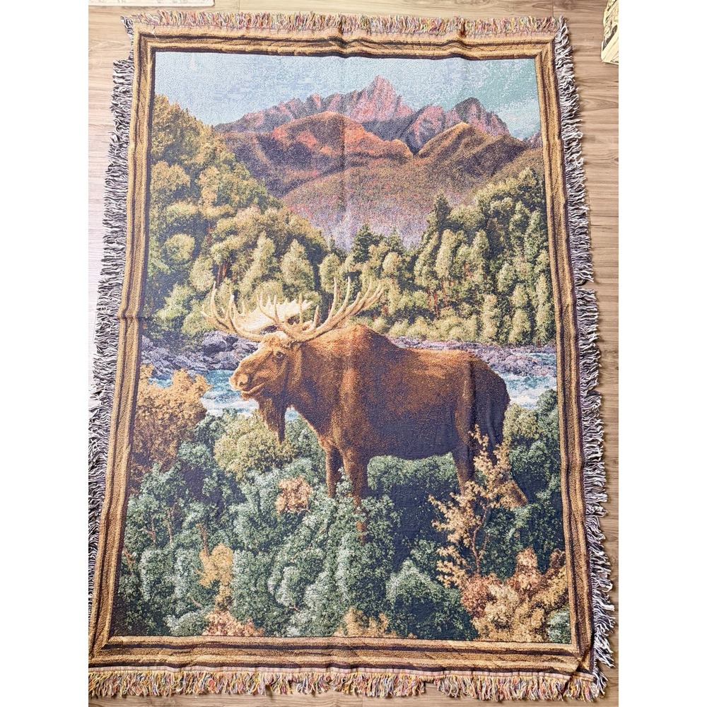 Vintage Bull Moose Tapestry Blanket Woven Throw Rustic Cabin Lodge Decor 52"x72"